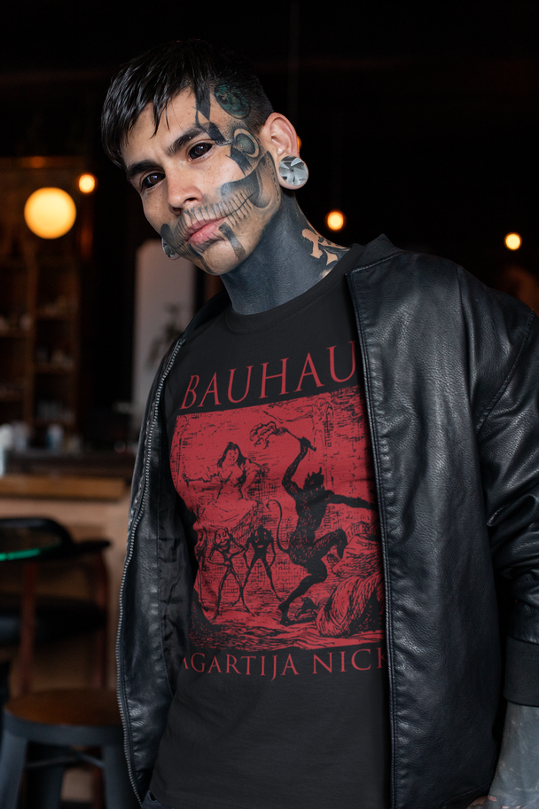 Tattooed man wearing Bauhaus Lagartija Nick T-Shirt
