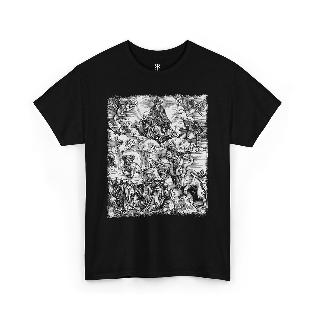 Black t-shirt with a monochrome graphic print depicting a seven-headed creature, reminiscent of a medieval woodcut illustration.