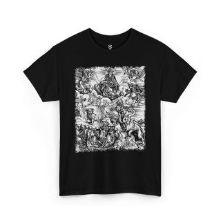 Black t-shirt with a monochrome graphic print depicting a seven-headed creature, reminiscent of a medieval woodcut illustration.