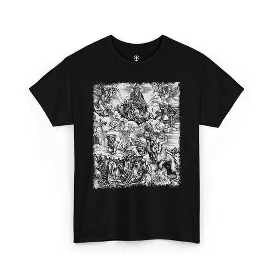 Black t-shirt with a monochrome graphic print depicting a seven-headed creature, reminiscent of a medieval woodcut illustration.