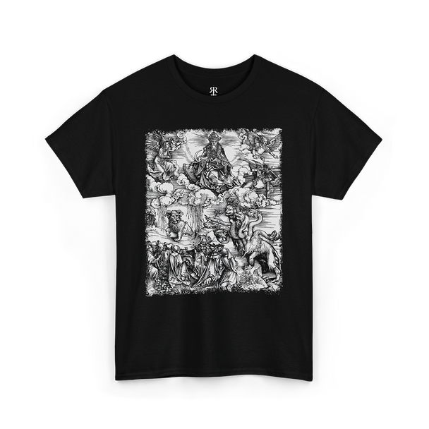 Black t-shirt with a monochrome graphic print depicting a seven-headed creature, reminiscent of a medieval woodcut illustration.