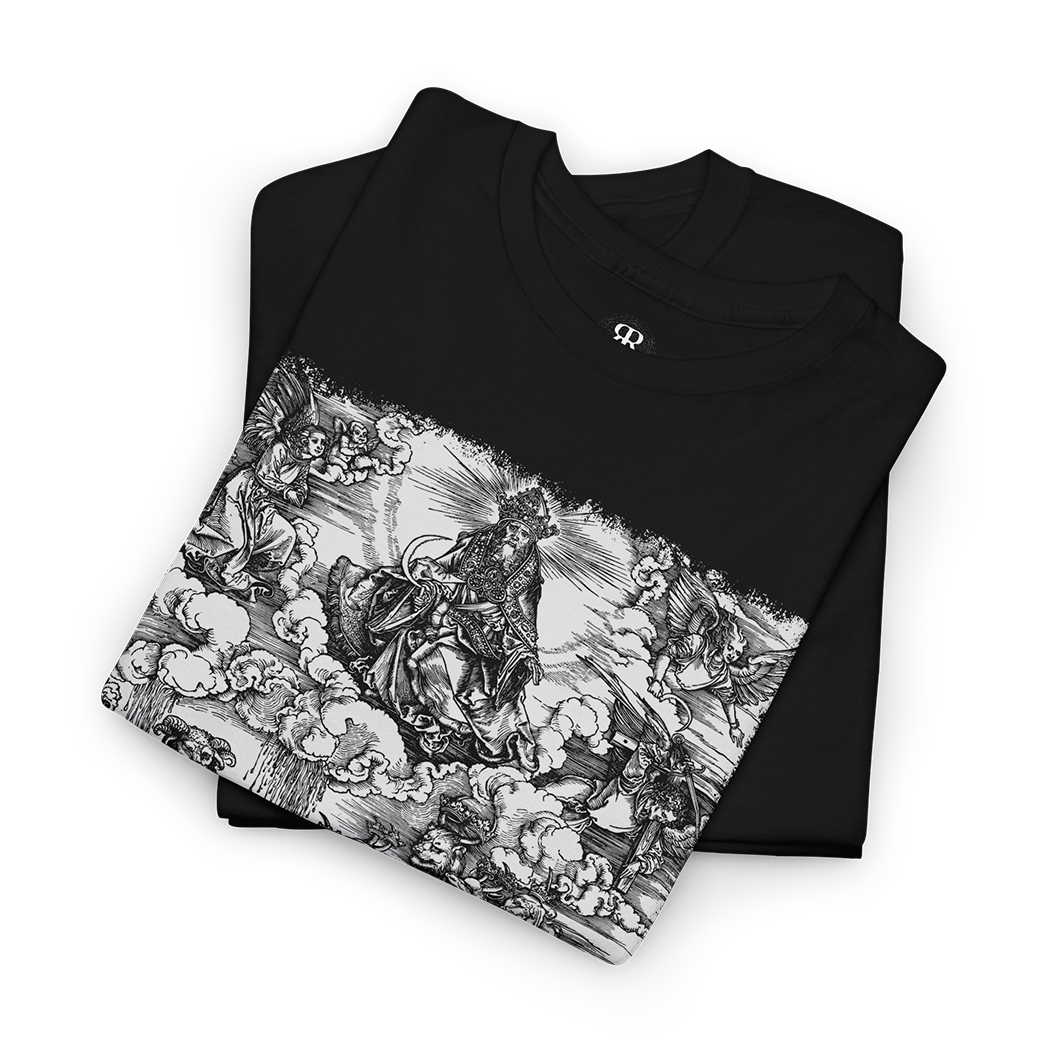 Black t-shirt with a monochrome graphic print depicting a seven-headed creature, reminiscent of a medieval woodcut illustration.