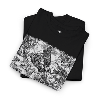 Black t-shirt with a monochrome graphic print depicting a seven-headed creature, reminiscent of a medieval woodcut illustration.