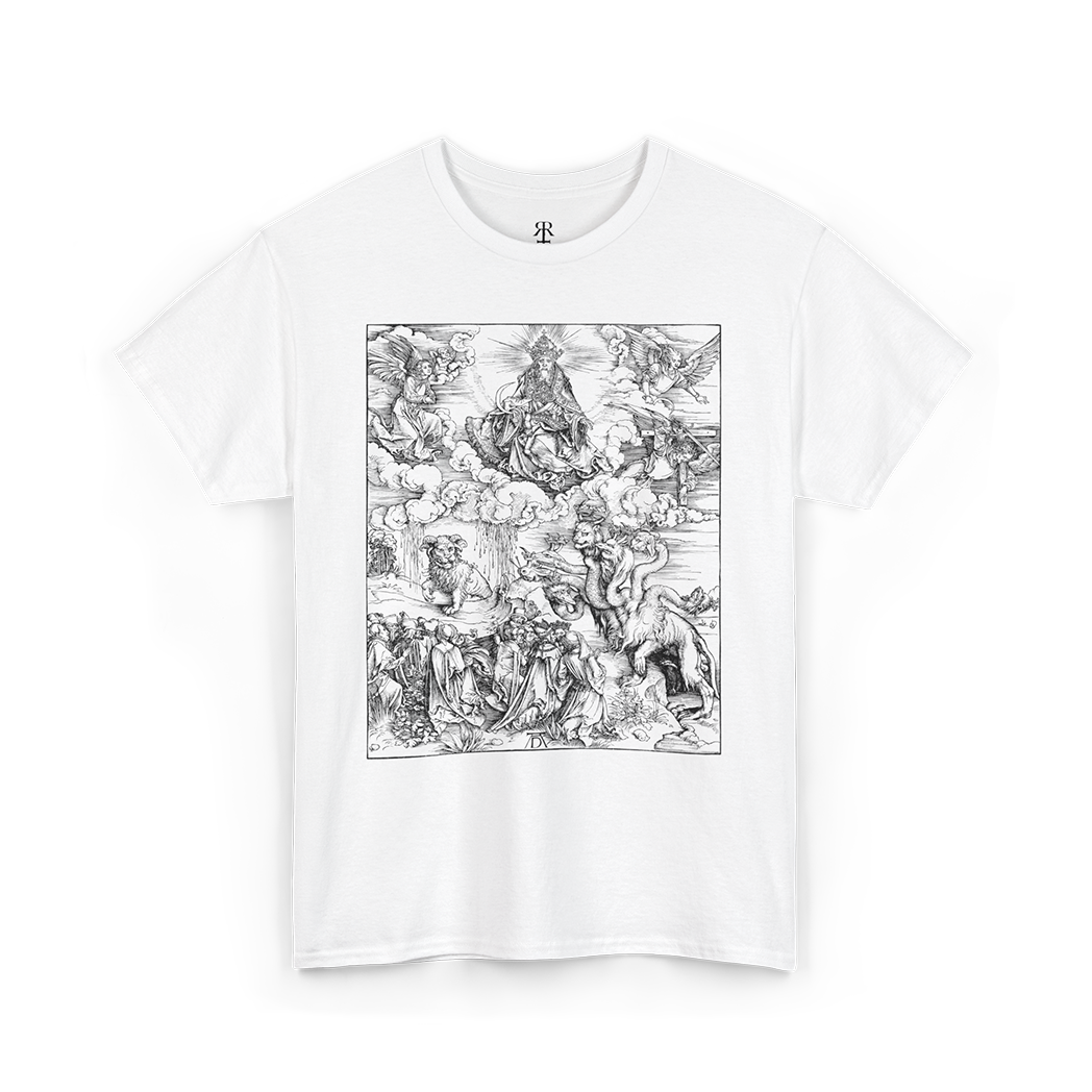 White t-shirt with a monochrome graphic print depicting a seven-headed creature, reminiscent of a medieval woodcut illustration.