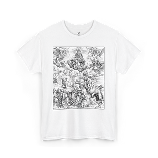 White t-shirt with a monochrome graphic print depicting a seven-headed creature, reminiscent of a medieval woodcut illustration.