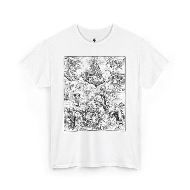 White t-shirt with a monochrome graphic print depicting a seven-headed creature, reminiscent of a medieval woodcut illustration.