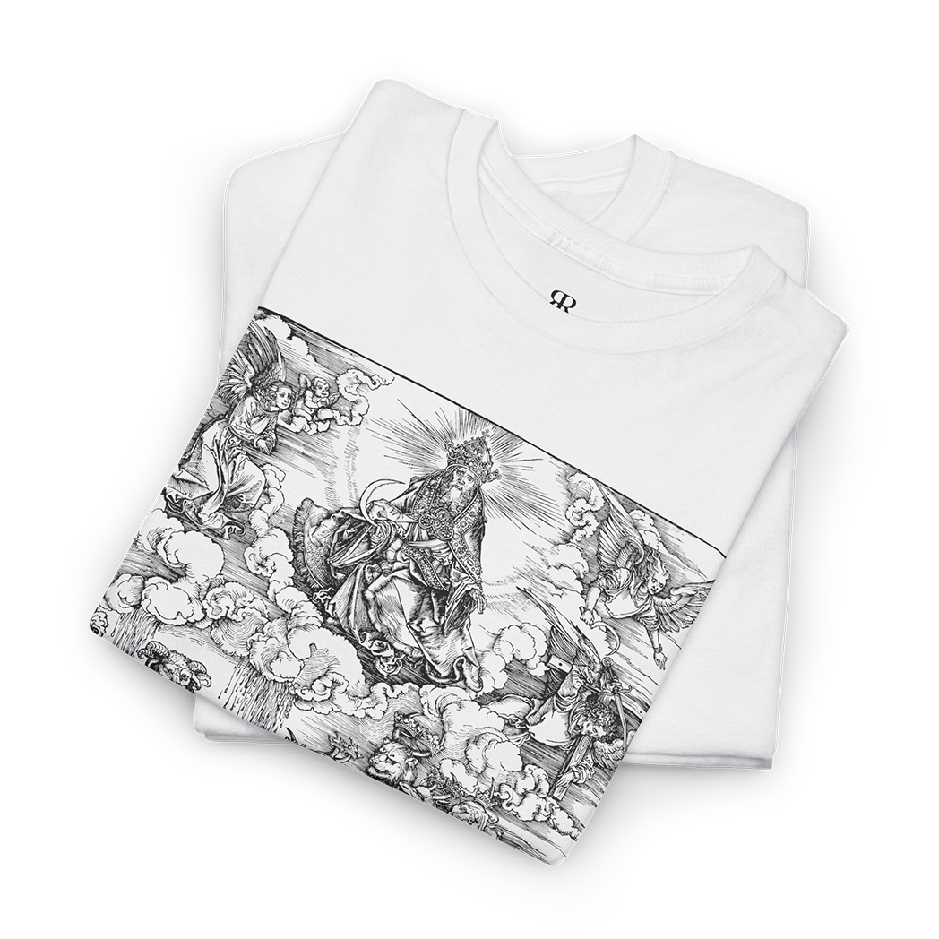 White t-shirt with a monochrome graphic print depicting a seven-headed creature, reminiscent of a medieval woodcut illustration.