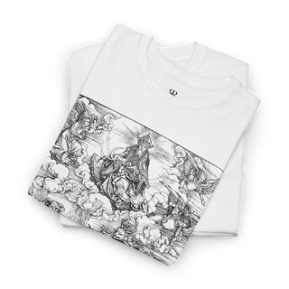White t-shirt with a monochrome graphic print depicting a seven-headed creature, reminiscent of a medieval woodcut illustration.