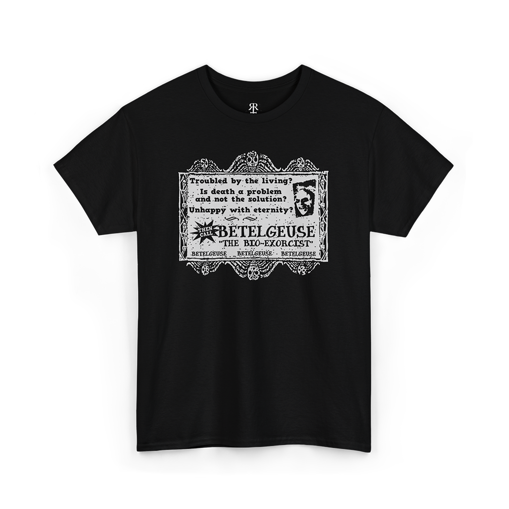 Black t-shirt with a graphic print of Beetlejuice movie character and text related to the movie.