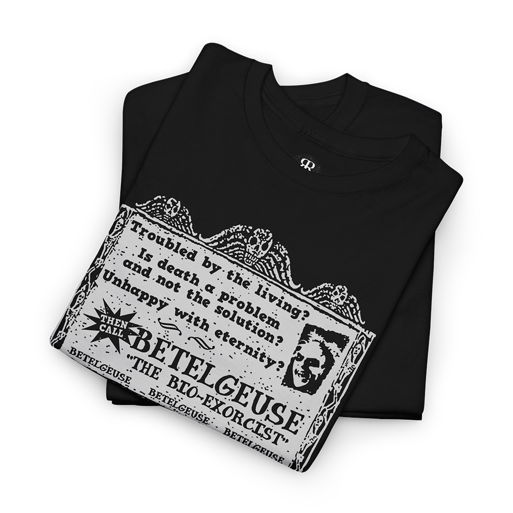 Black t-shirt with a graphic print of Beetlejuice movie character and text related to the movie.