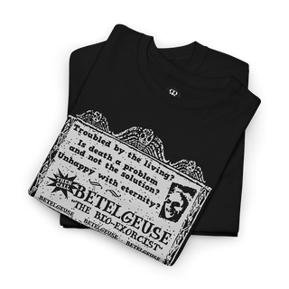 Black t-shirt with a graphic print of Beetlejuice movie character and text related to the movie.