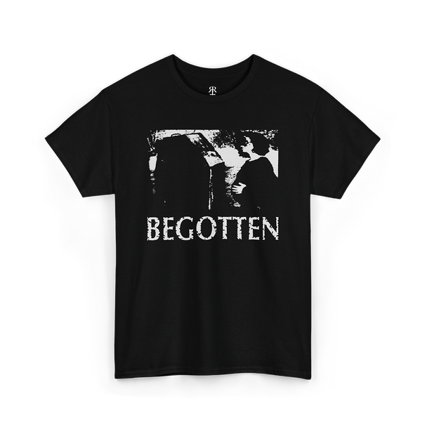 Begotten T-Shirt, showing a scene from a movie of a pregnant woman with a mask beside a coffin