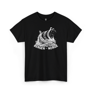 Black t-shirt with a white graphic of a ship and 'Bergen, Norge' text on a white background