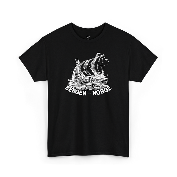 Black t-shirt with a white graphic of a ship and 'Bergen, Norge' text on a white background