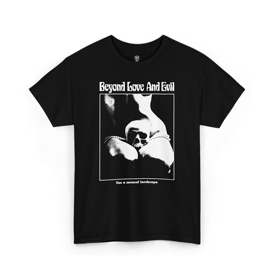 Black t-shirt with a print of a woman with human skull in her lap and text 'Beyond Love And Evil lies a sensual landscape'