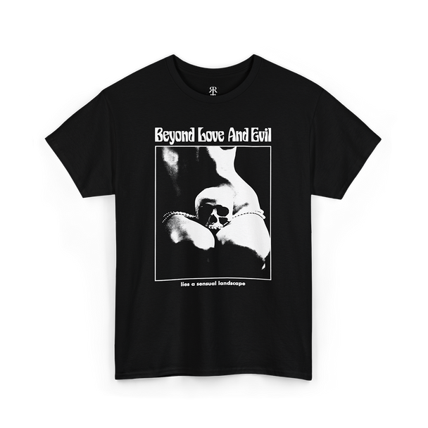 Black t-shirt with a print of a woman with human skull in her lap and text 'Beyond Love And Evil lies a sensual landscape'