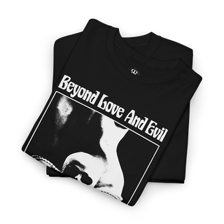 Black t-shirt with a print of a woman with human skull in her lap and text 'Beyond Love And Evil lies a sensual landscape'