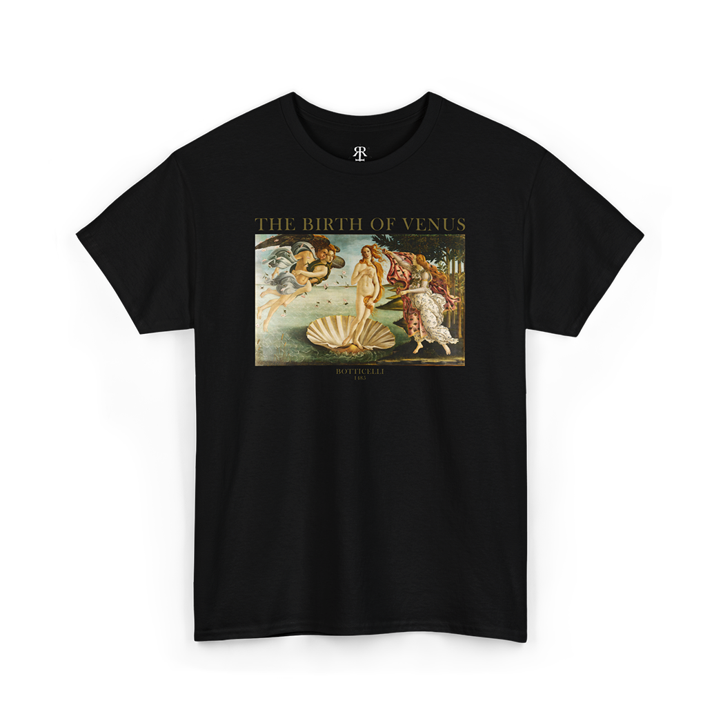 Black crew neck t-shirt with a graphic print of 'The Birth of Venus' by Botticelli.