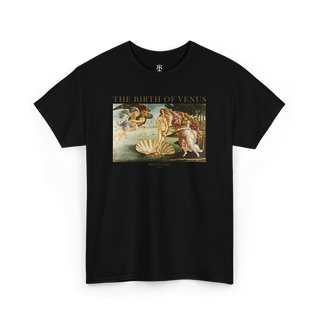 Black crew neck t-shirt with a graphic print of 'The Birth of Venus' by Botticelli.