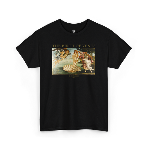 Black crew neck t-shirt with a graphic print of 'The Birth of Venus' by Botticelli.