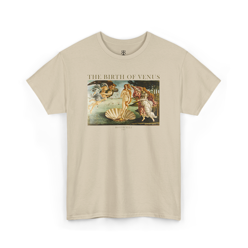 Beige crew neck t-shirt with a graphic print of 'The Birth of Venus' by Botticelli.