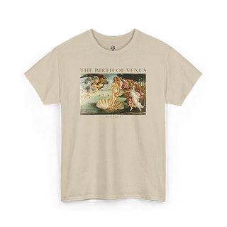 Beige crew neck t-shirt with a graphic print of 'The Birth of Venus' by Botticelli.