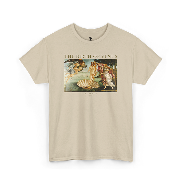 Beige crew neck t-shirt with a graphic print of 'The Birth of Venus' by Botticelli.