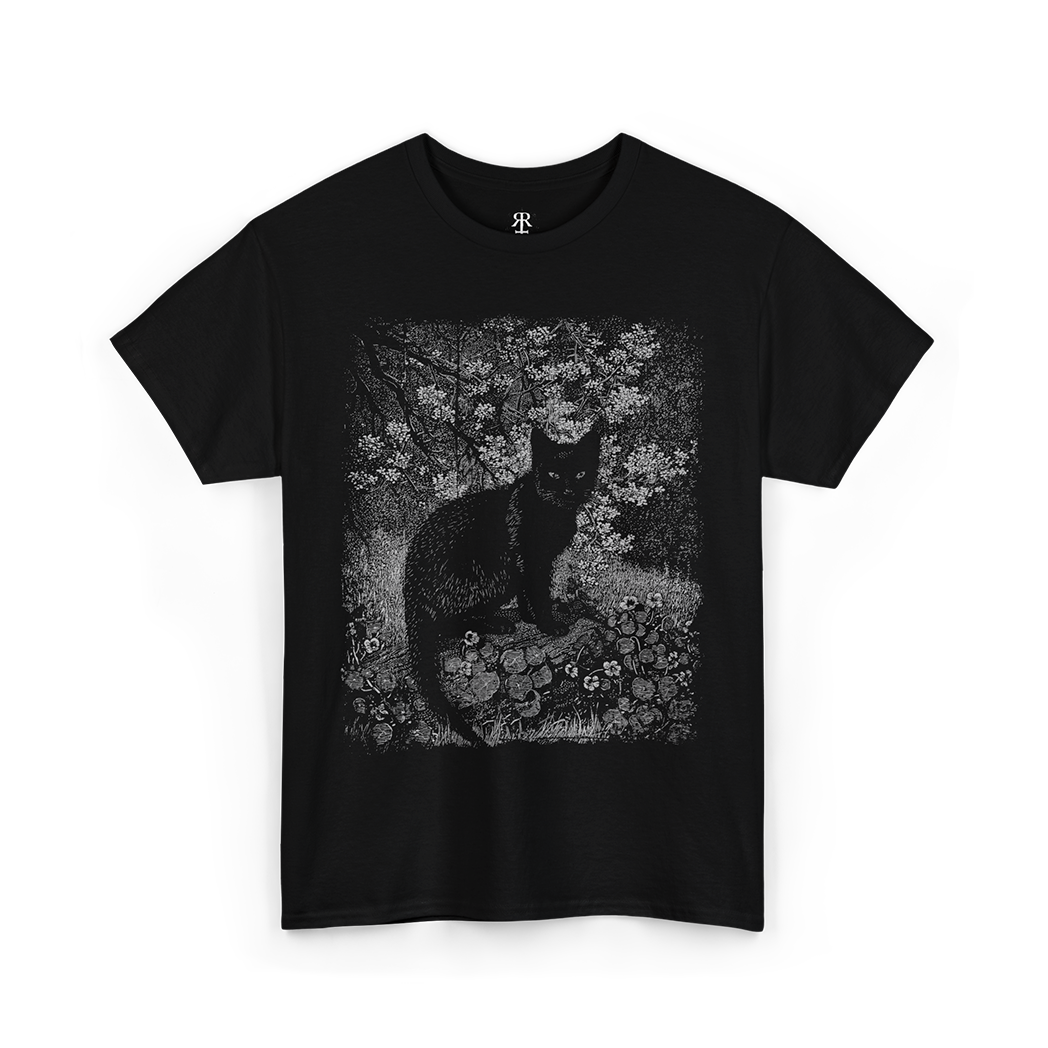 A black crew neck t-shirt with a graphic print of a black cat surrounded by floral elements on the front.