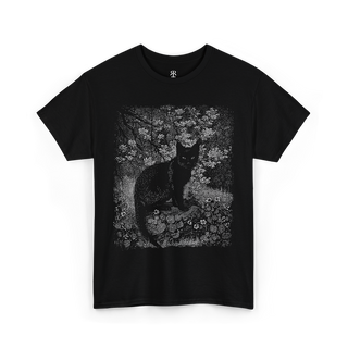 A black crew neck t-shirt with a graphic print of a black cat surrounded by floral elements on the front.