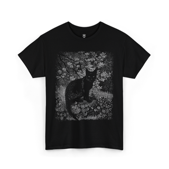 A black crew neck t-shirt with a graphic print of a black cat surrounded by floral elements on the front.
