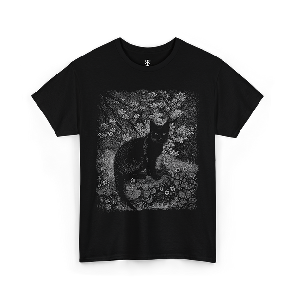 A black crew neck t-shirt with a graphic print of a black cat surrounded by floral elements on the front.