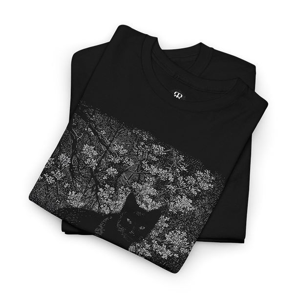 A black crew neck t-shirt with a graphic print of a black cat surrounded by floral elements on the front.