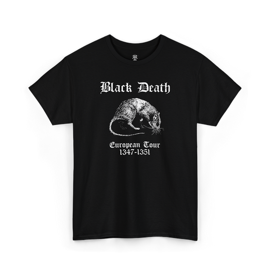 A black t-shirt with 'Black Death' text and a graphic of a plague rat on the front, along with the dates '1441-1451' below the image.