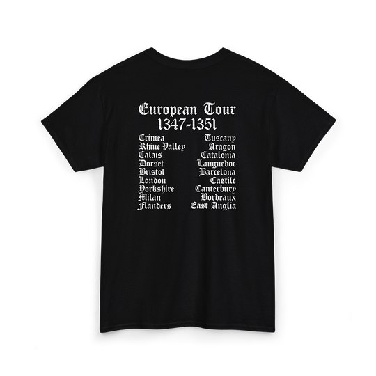 A black t-shirt showing list of cities where Black Death had most casualties