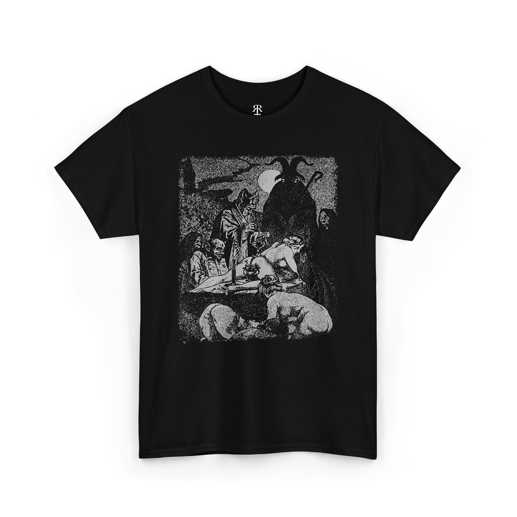 A black t-shirt with a graphic print of a satanic ceremony on the front.