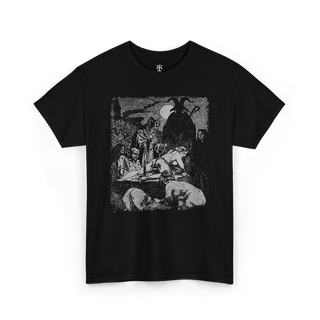 A black t-shirt with a graphic print of a satanic ceremony on the front.