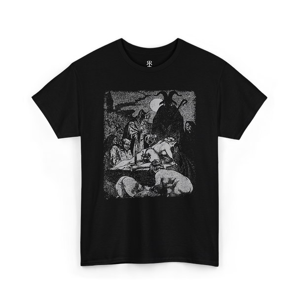 A black t-shirt with a graphic print of a satanic ceremony on the front.