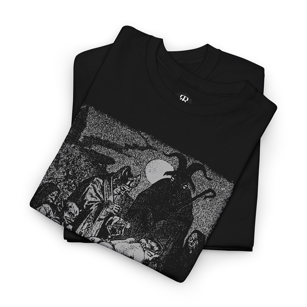 A black t-shirt with a graphic print of a satanic ceremony on the front.