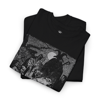 A black t-shirt with a graphic print of a satanic ceremony on the front.