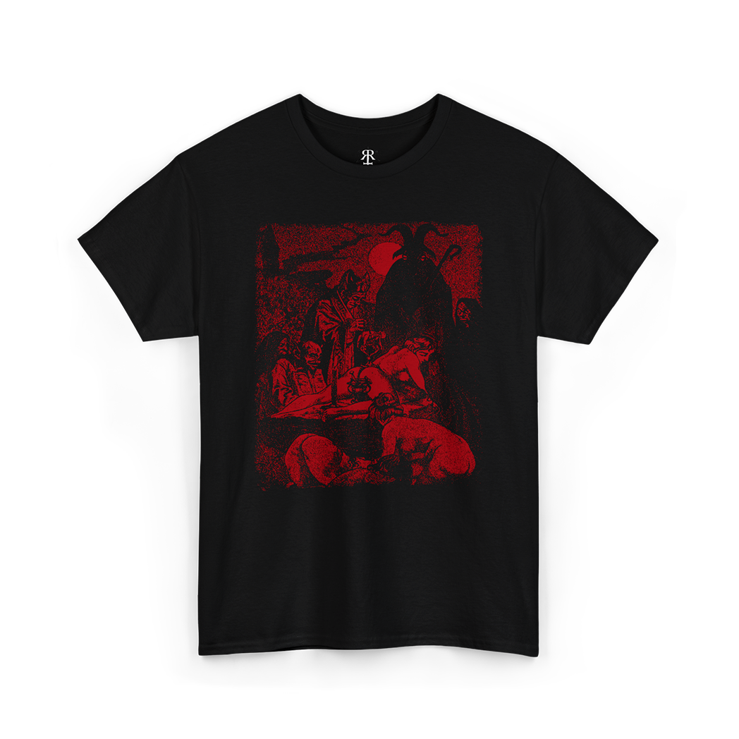 A black t-shirt with a graphic print of a satanic ceremony on the front.