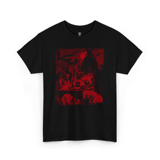 A black t-shirt with a graphic print of a satanic ceremony on the front.