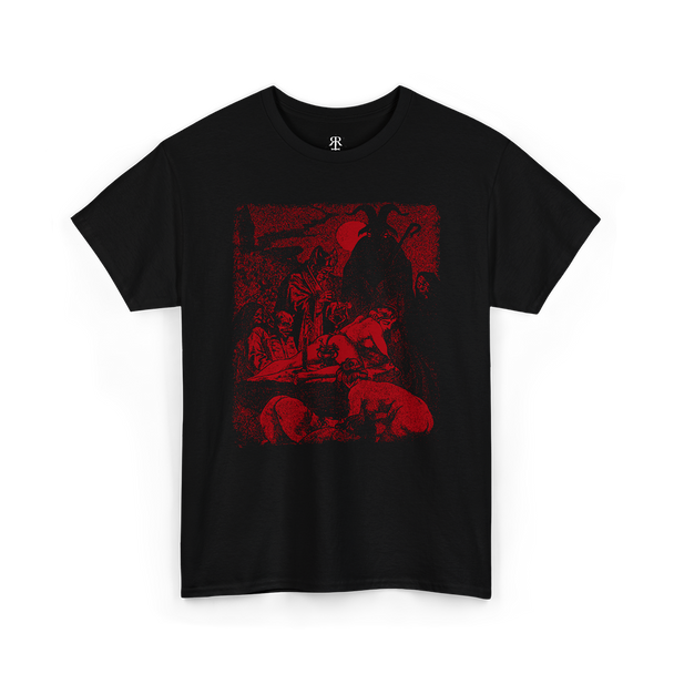 A black t-shirt with a graphic print of a satanic ceremony on the front.