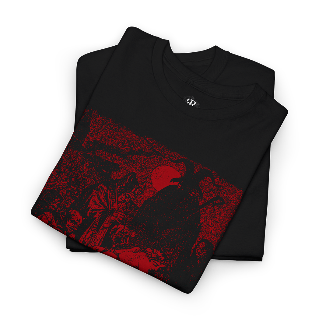 A black t-shirt with a graphic print of a satanic ceremony on the front.