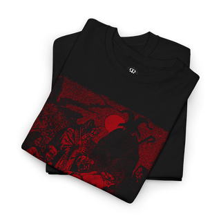 A black t-shirt with a graphic print of a satanic ceremony on the front.