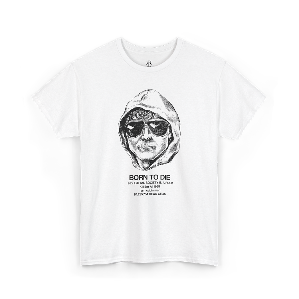 White t-shirt showing Ted Kacynski the Unabomber