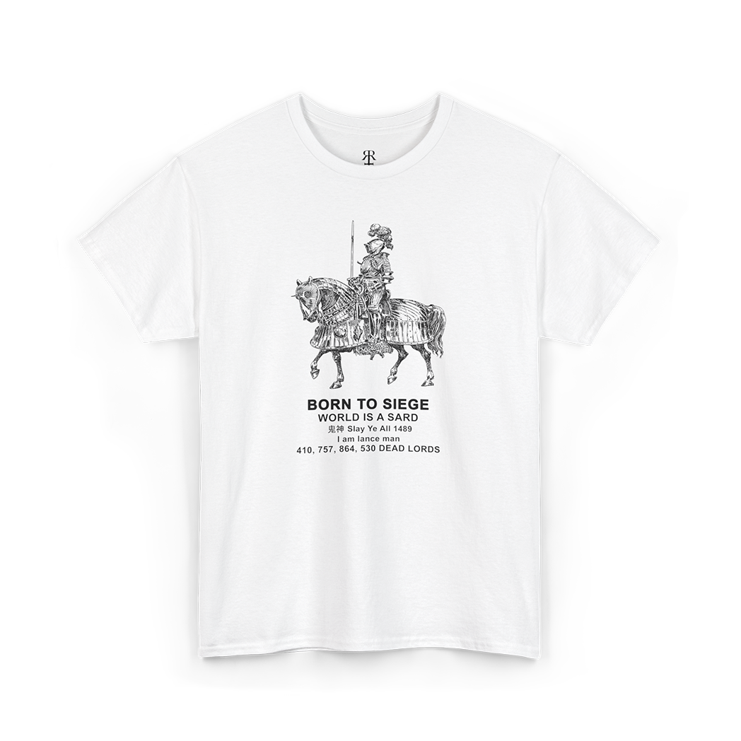 Born to siege black t-shirt, showing medieval knight in armour on horseback ready for battle