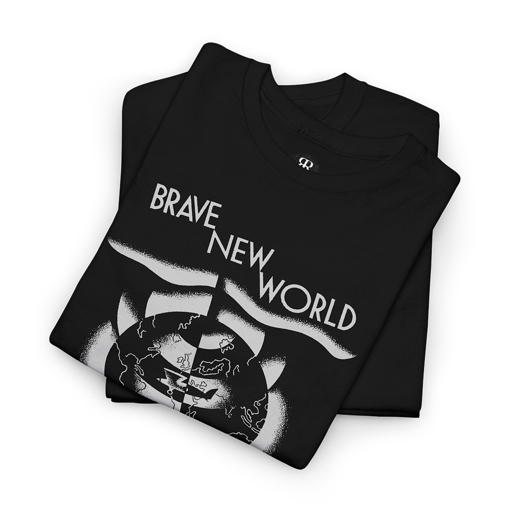A black crew neck t-shirt with a graphic print of the title 'Brave New World' and the author 'Aldous Huxley' on the front.