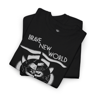 A black crew neck t-shirt with a graphic print of the title 'Brave New World' and the author 'Aldous Huxley' on the front.