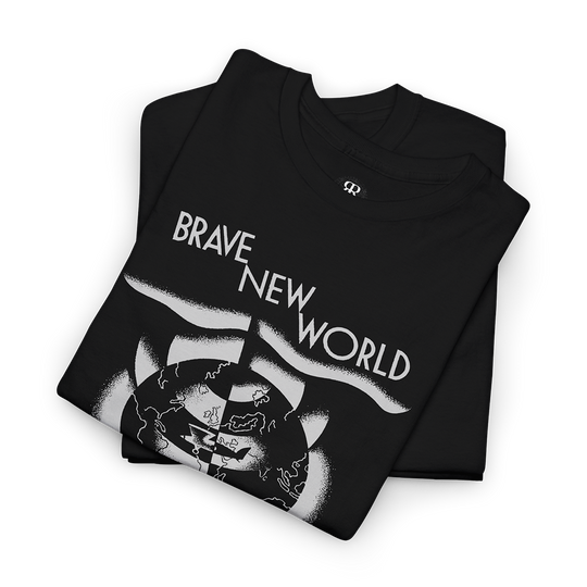 A black crew neck t-shirt with a graphic print of the title 'Brave New World' and the author 'Aldous Huxley' on the front.