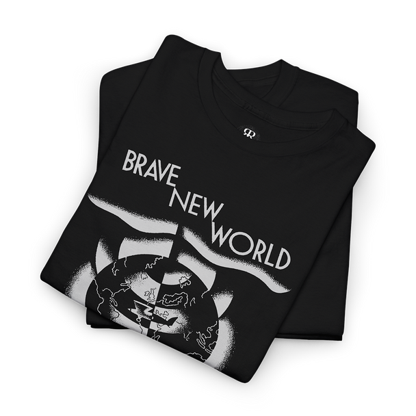 A black crew neck t-shirt with a graphic print of the title 'Brave New World' and the author 'Aldous Huxley' on the front.